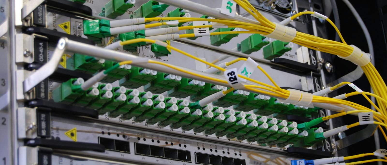 Fibre optic cables connected to a network switch in a rack