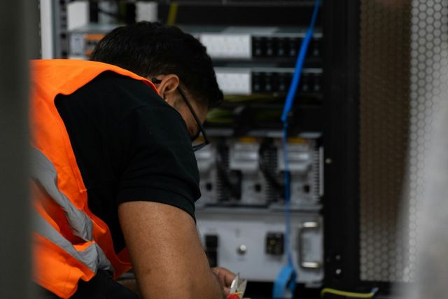 Technician working inside an equipment rack